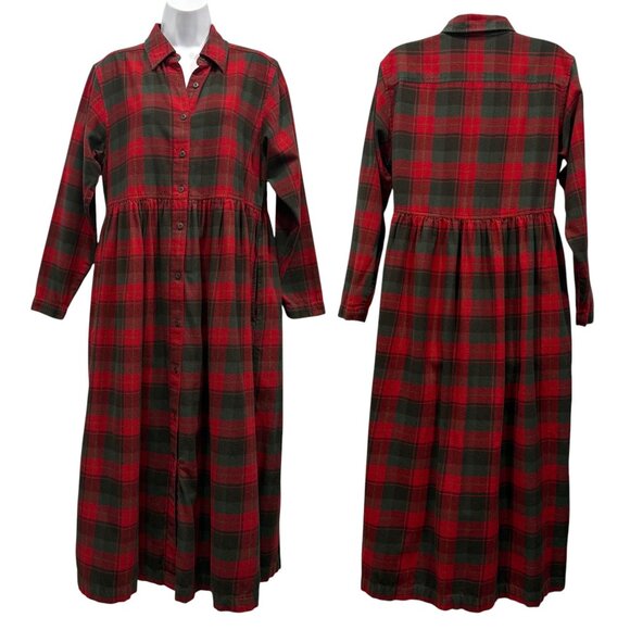 VTG Eddie Bauer Flannel Plaid Maxi Shirt Dress Preppy Grunge Red Green Size PM - Picture 1 of 11